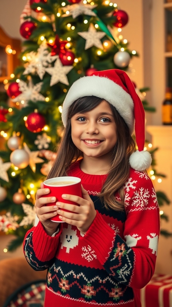 Christmas Themed Profile Picture Ideas for Girls A girl in a Christmas sweater with a Santa hat, enjoying hot cocoa by a decorated tree.